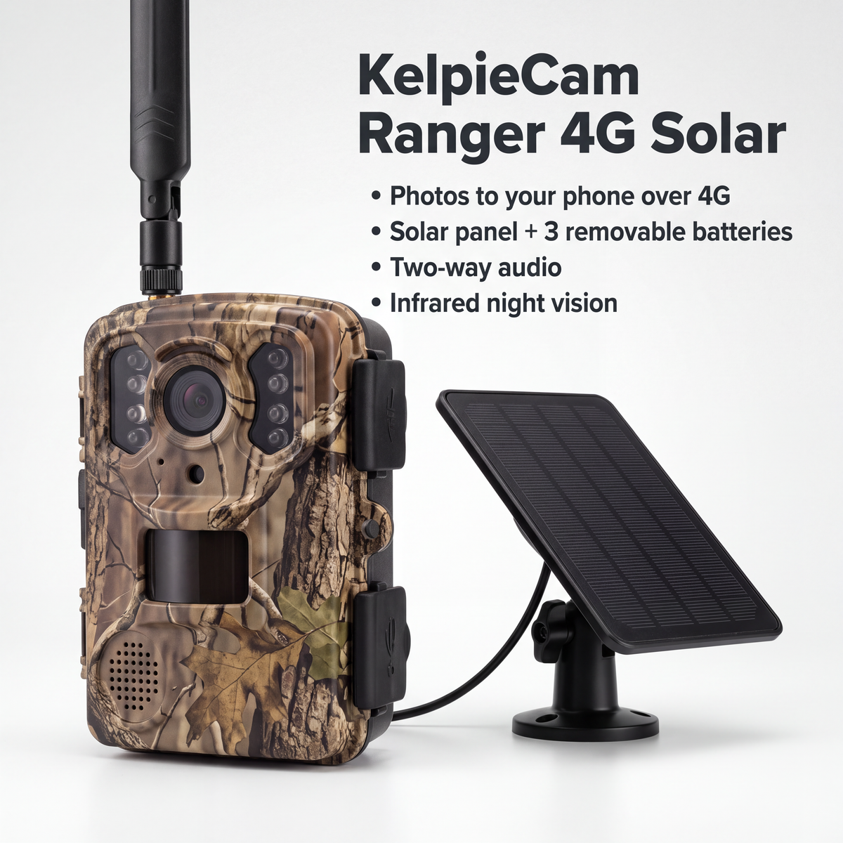 KelpieCam Ranger 4G solar trail camera with its four key features: photos to your phone over 4G, solar panel and 3 removable batteries, two-way audio, infrared night vision