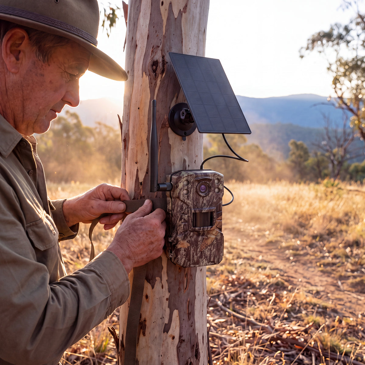 Hunter strapping a KelpieCam Ranger 4G solar trail camera to a gum tree, solar panel mounted above it, Australian bush at sunset