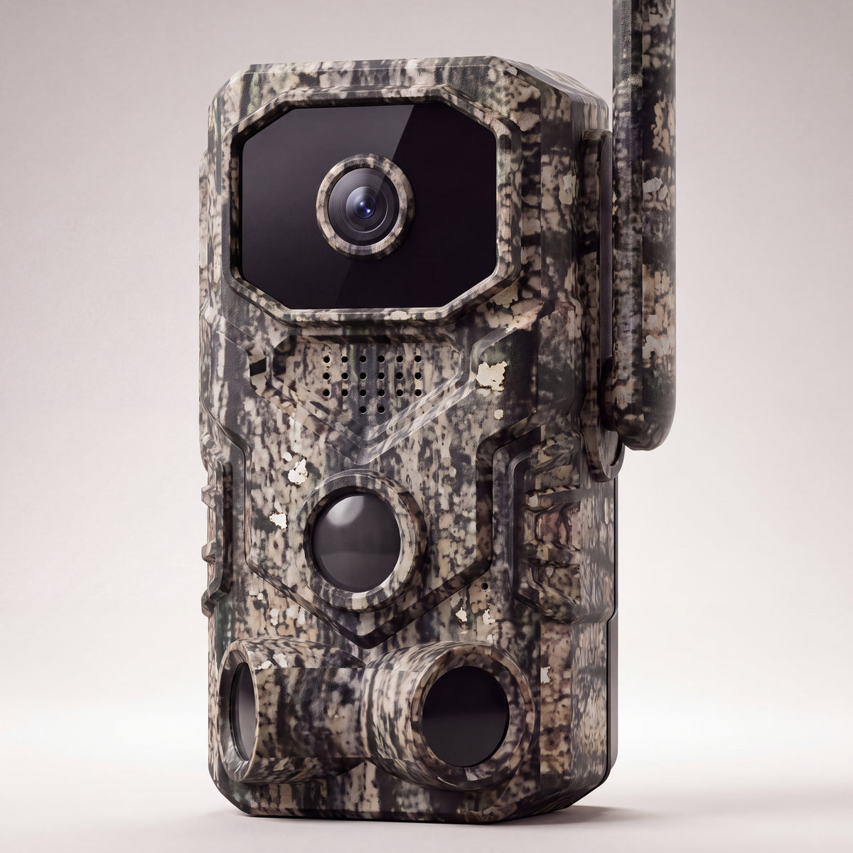 KelpieCam Ranger GPS 4G solar trail camera in grey bark camo, close-up of the lens, motion sensor, infrared illuminators and antenna