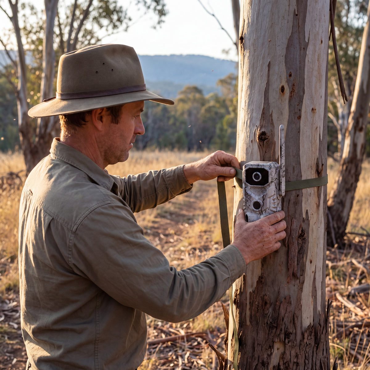 Hunter strapping a KelpieCam Ranger GPS 4G trail camera to a gum tree in the Australian bush