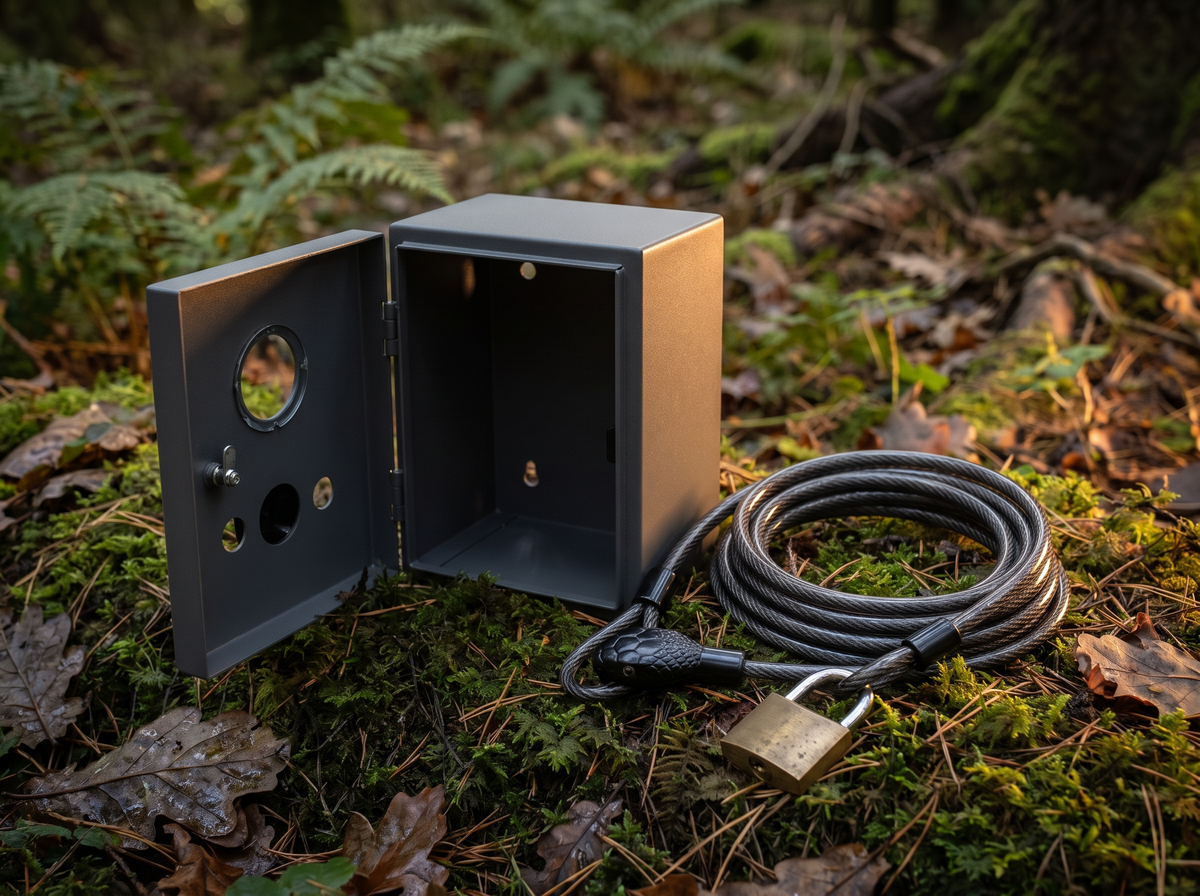 Steel security lock box, braided cable and padlock for trail cameras
