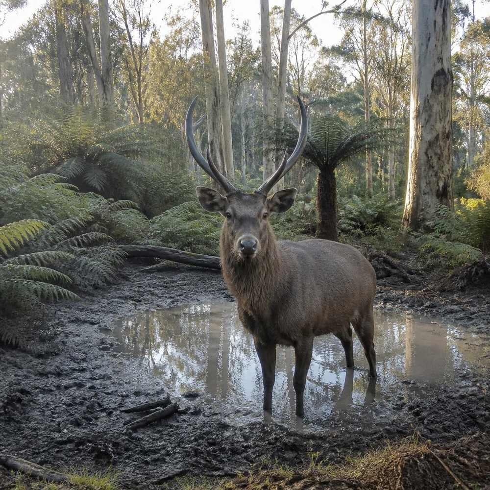 Illustration: a sambar stag at a wallow, the kind of daytime photo a trail camera takes